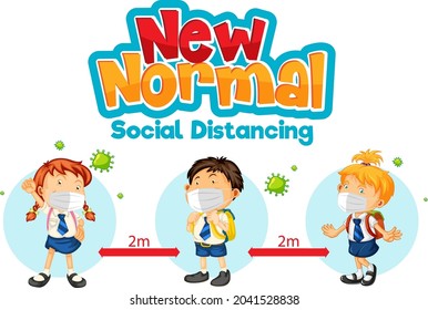 Nueva normalidad con estudiantes que mantienen la ilustración del distanciamiento social