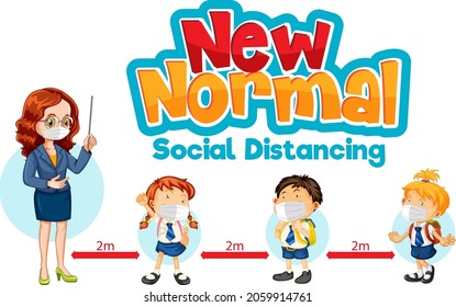 New Normal with students keep social distancing illustration