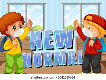 New Normal with students keeping social distancing illustration