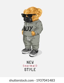 new normal style slogan with bear doll in sunglasses and face mask illustration