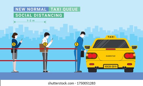 New normal taxi queuing after covid-19 corona virus pandemic. Business people stand apart using mobile phone at queue line number in rush hour. Protection is social distancing and wearing mask.