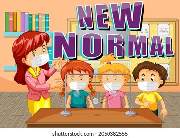Nuevo diseño de texto normal con estudiantes y profesores usando ilustración de máscaras faciales