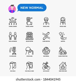 New Normal Thin Line Icons Set: Thermal Camera, Surgical Mask, Social Distancing, Online Meeting, Elbow Greeting, ICU Ventilator, Oxygen Mask, Protection Of Elderly. Coronavirus. Vector Illustration.