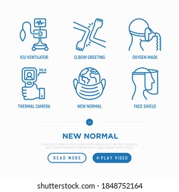 New normal thin line icons set: thermal camera, elbow greeting, ICU ventilator, oxygen mask, face shield mask. Coronavirus prevention measures. Vector illustration.