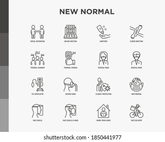 New Normal Thin Line Icons Set: Thermal Camera, Surgical Mask, Social Distancing, Online Meeting, Elbow Greeting, ICU Ventilator, Oxygen Mask, Protection Of Elderly. Coronavirus. Vector Illustration.