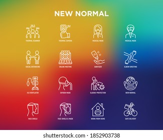 New normal thin line icons set: thermal camera, surgical mask, social distancing, online meeting, elbow greeting, ICU ventilator, oxygen mask, protection of elderly. Coronavirus. Vector illustration.