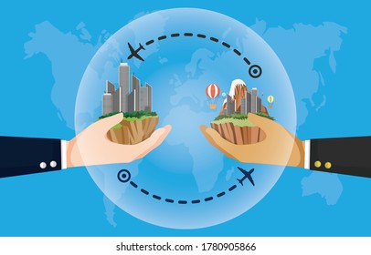 New normal Travel Bubble, solution for tourist industry to travel safely between disinfected country. New tourism trend after Covid-19 pandemic. International agreement for business travel concept