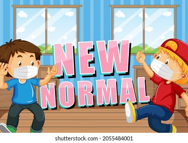 New normal with two kids wearong face masks illustration
