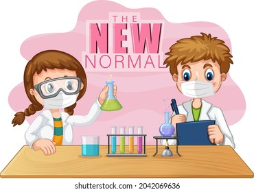 La nueva normalidad con dos niños científicos llevando máscaras en la cara, ilustración