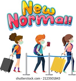 New Normal typography design with passengers wearing masks illustration