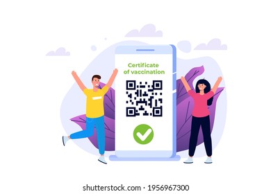 New normal, Vaccine mobile certificate or passport, QR code on application. Vector illustration.