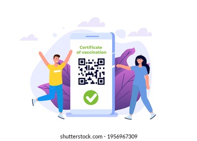 New normal, Vaccine mobile certificate or passport, QR code on application. Vector illustration.