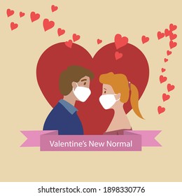 New normal Valentines lovers wearing white mask for logo, badges or web design