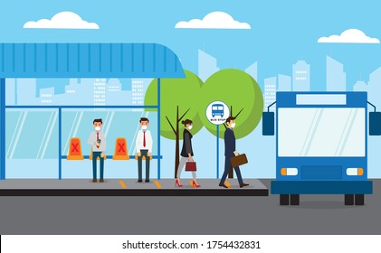 New Normal vector concept: business people waiting for the bus coming applying physical distancing to avoid covid-19