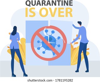 New Normal vector concept: business couple assembling square puzzle pieces drawn corona virus prohibition sign