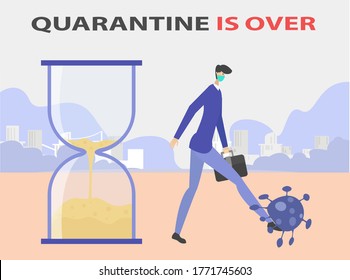 New normal vector concept: businessman wearing a face mask and carrying a briefcase while kicking away the coronavirus