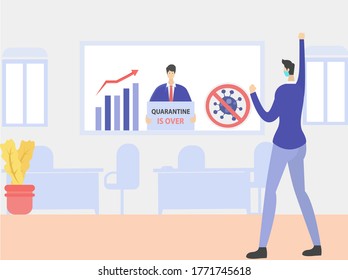 Fin del concepto de vector de cuarentena: empresario con una máscara en la cara mientras vitorea por el anuncio del fin de la cuarentena en la pantalla de televisión