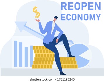 New normal vector concept: businessman holding a dollar sign while sitting on pile of coins