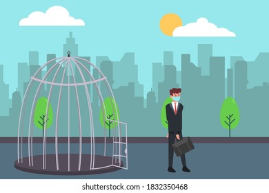 New Normal vector concept: Businessman leaving the cage while wearing face mask after corona virus outbreak