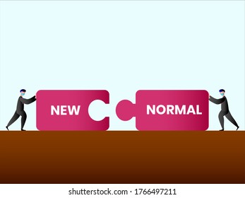 Nuevo concepto de vector normal: hombres de negocios que conectan grandes piezas de rompecabezas, cada uno escrito "Nuevo" y "Normal"