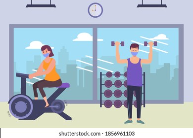 New Normal Vector Concept: Couple In Face Mask Doing Exercise With Treadmill And Dumbbell At Gym During New Normal Life After Corona Virus Pandemic