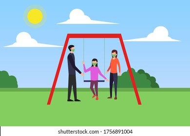 New normal vector concept: family group wearing face masks while playing swing at the green playground