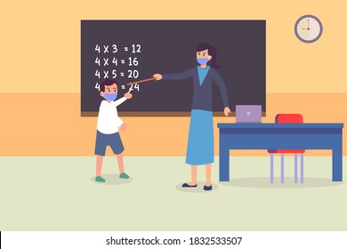 New Normal vector concept: Female teacher in mask teaching math on male student in the classroom