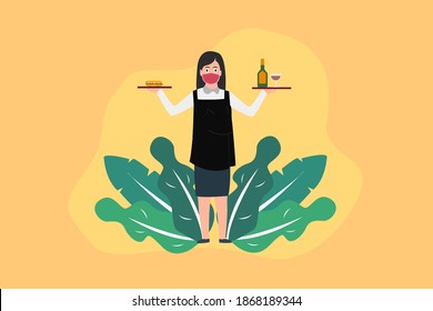 Nuevo concepto de vector normal: Mujer mesera con máscara en la cara mientras lleva bebidas y comida
