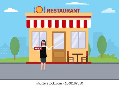 New Normal Vector Concept: Female Waitress Wearing Face Mask And Holding Open Sign In Front Of The Restaurant Building After Coronavirus Pandemic