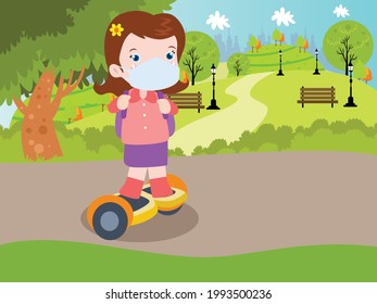 Nuevo concepto vectorial normal. Estudiante de primaria con máscara facial mientras va a la escuela con una tabla de planchar