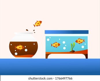 New Normal vector concept: goldfish jumping from a dirty aquarium to another clean one