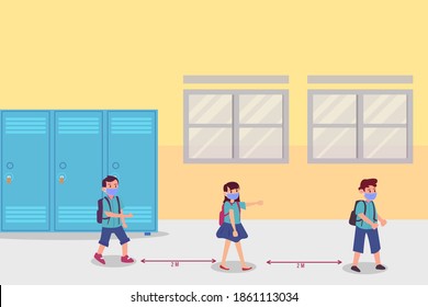 New normal vector concept: Group of students walking in corridor while wearing face mask