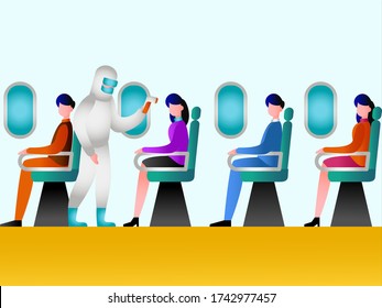 New Normal vector concept: medical worker with protective suit is checking passengers body temperature