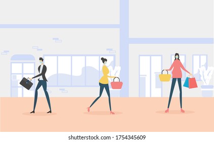 New Normal vector concept: people wearing mask carrying shopping  bags while walking in front of stores