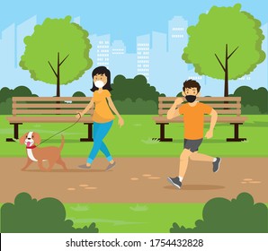 New Normal Vector Concept: People Wearing Face Mask While Jogging At The Green City Park