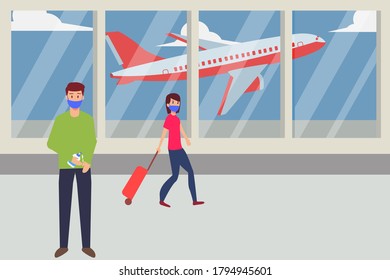 New Normal vector concept: people wearing face masks in the airport and using hand sanitizer