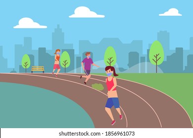 New Normal vector concept: People in face mask are jogging at the park during new normal life after corona virus pandemic