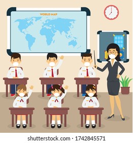 New Normal vector concept: Students and teacher wearing face mask in class