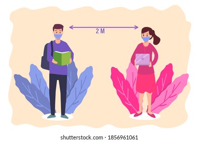New Normal vector concept: Students in face mask standing with social distance while reading book and using laptop computer