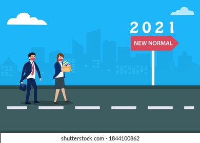 New Normal vector concept: Two business people in face mask walking toward New Normal signpost with number 2021