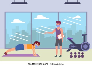 Nuevo concepto de vector normal: Mujer con máscara facial haciendo ejercicio empujando con un entrenador personal en el gimnasio durante la nueva vida normal después de la pandemia del virus de la corona
