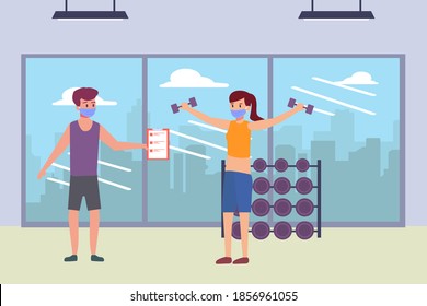 New Normal Vector Concept: Woman In Face Mask Doing Exercise At Gym With Male Personal Trainer During New Normal Life After Corona Virus Pandemic