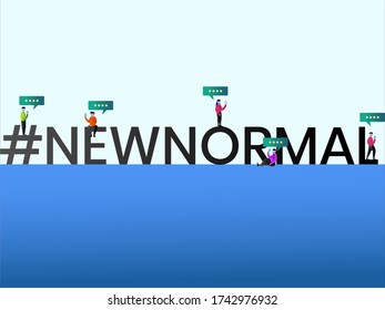 New Normal vector concept: The word new normal with people applying social distancing using mobile phones and laptop to communicate