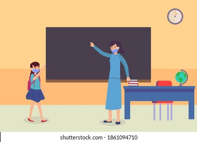 New normal vector concept: Young teacher and schoolgirl waving hands to each other while doing social distancing 