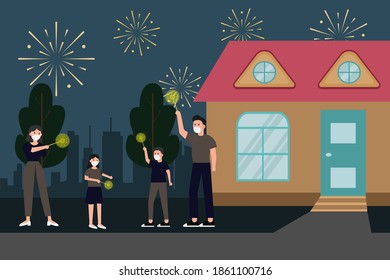 New normal vector concept: Young parents and children celebrate new year while playing firework together