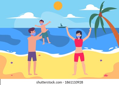 New normal vector concept: Young parents and son enjoying holiday in the beach while wearing face mask