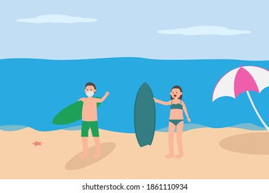 New Normal vector concept: Young couple wearing face mask while holding surfboard and wearing swimwear on beach during new normal life after coronavirus pandemic