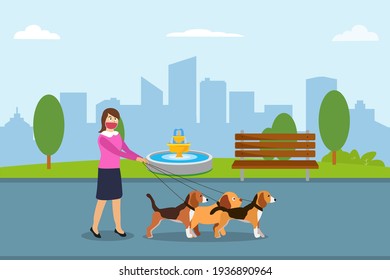 New normal vector concept: Young woman walking in the park with her dogs while wearing face mask in new normal