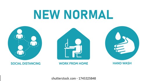 New normal. Vector icons of life behavior that changed after the corona virus crisis.