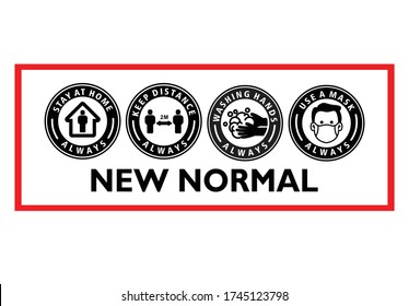 New normal vector label, Stay at home, Keep your distance, Washing hands, Wear a mask, Vector label to prevent transmission of Corona virus. A new normal icon,  for a new safe and healthy life